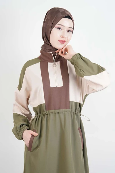 Tesettür Elbise Yarım Fermuarlı Çift Renkli Double Krep Elbise Haki - 3