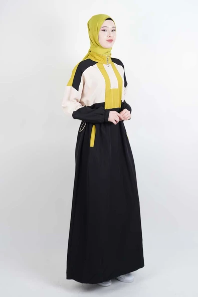 Tesettür Elbise Yarım Fermuarlı Çift Renkli Double Krep Elbise Siyah - 2