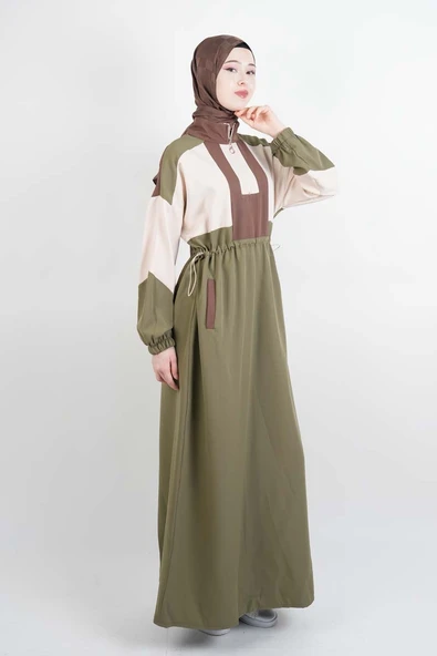 Tesettür Elbise Yarım Fermuarlı Çift Renkli Double Krep Elbise Haki - 4