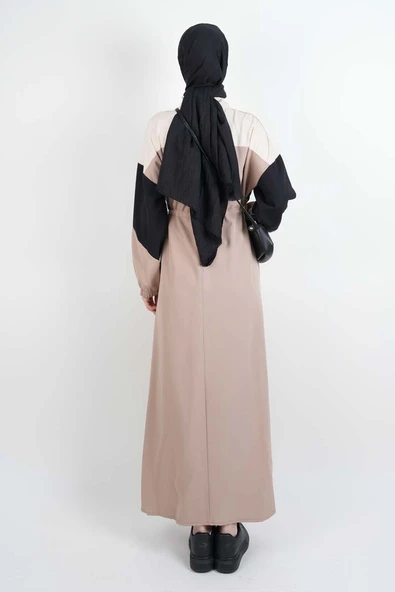 Tesettür Elbise Yarım Fermuarlı Çift Renkli Double Krep Elbise Bej - 3