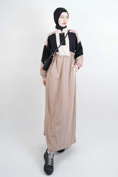 Tesettür Elbise Yarım Fermuarlı Çift Renkli Double Krep Elbise Bej