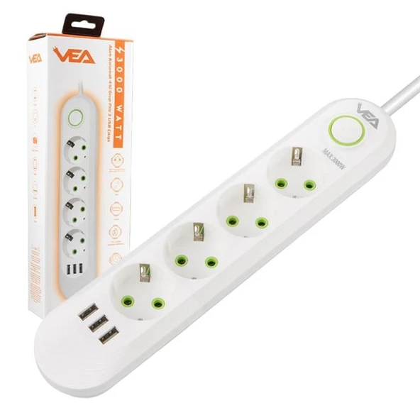 Vea VA-21560 4'lü 3 USB'li 1.5 Metre Akım Korumalı Priz Beyaz - 4