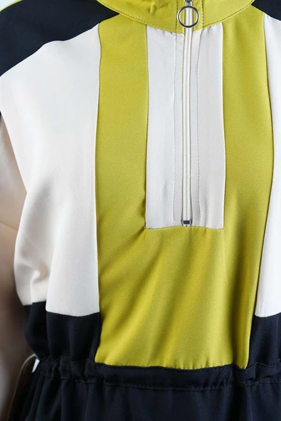 Tesettür Elbise Yarım Fermuarlı Çift Renkli Double Krep Elbise Siyah - 5