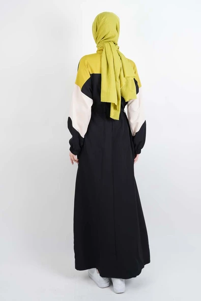 Tesettür Elbise Yarım Fermuarlı Çift Renkli Double Krep Elbise Siyah - 3