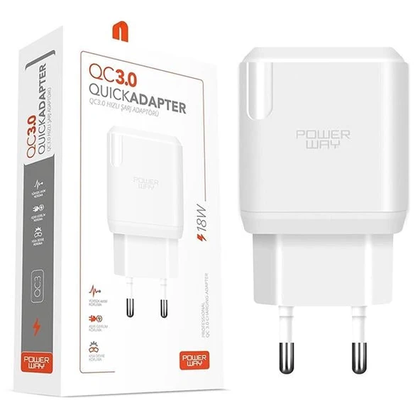 Powerway QC3 3 Amper 18W Tüm Telefonlarla Uyumlu USB Hızlı Şarj Adaptörü ürün görseli