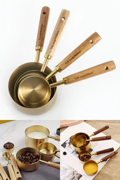 Tilbe Home 4lü Büyük Boy Paslanmaz Çelik Ahşap Saplı Gold Ölçü Kaşığı Seti Ölçü Kabı 60ml 80ml 125ml 250ml - Resim 2