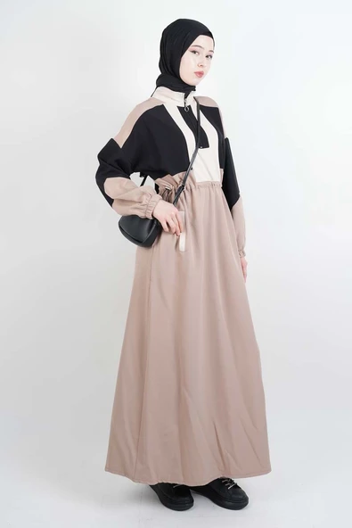 Tesettür Elbise Yarım Fermuarlı Çift Renkli Double Krep Elbise Bej - 2
