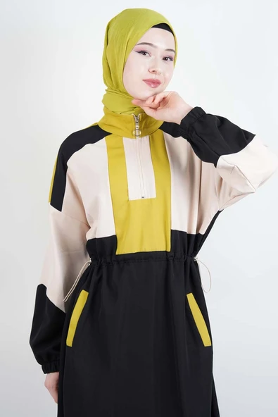 Tesettür Elbise Yarım Fermuarlı Çift Renkli Double Krep Elbise Siyah - 4