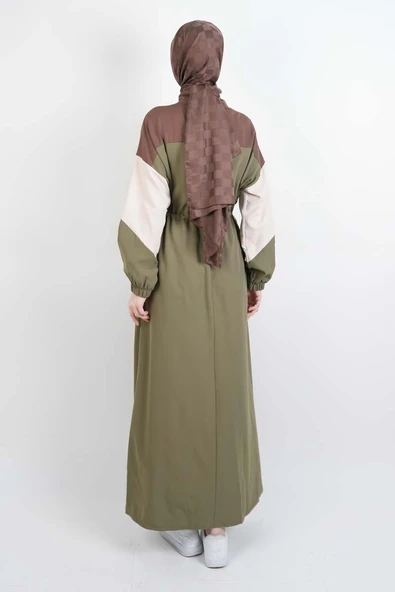 Tesettür Elbise Yarım Fermuarlı Çift Renkli Double Krep Elbise Haki - 2