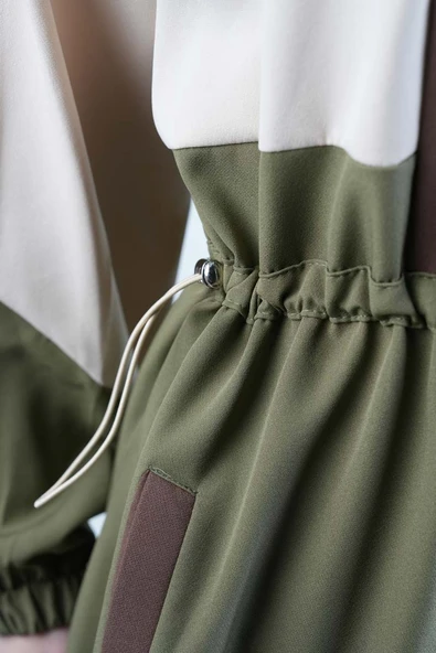 Tesettür Elbise Yarım Fermuarlı Çift Renkli Double Krep Elbise Haki - 5