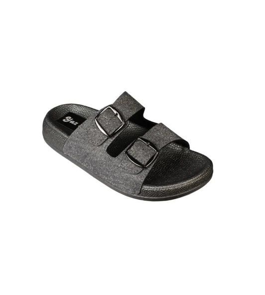 YAZKIŞ Kadın Siyah platin Çift Tokalı parlak Kumaş Terlik - Resim 4