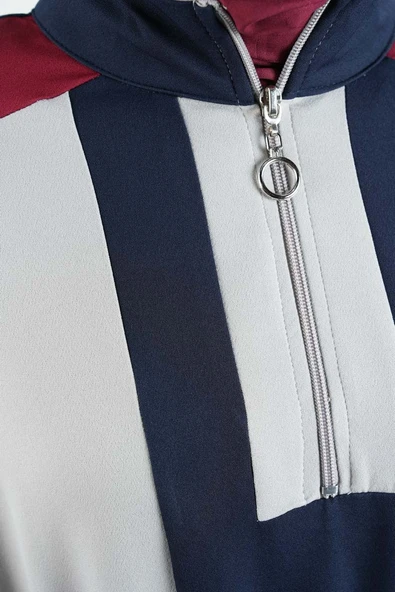 Tesettür Elbise Yarım Fermuarlı Çift Renkli Double Krep Elbise Bordo - 5
