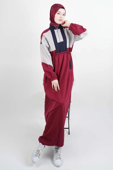 Tesettür Elbise Yarım Fermuarlı Çift Renkli Double Krep Elbise Bordo