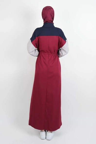 Tesettür Elbise Yarım Fermuarlı Çift Renkli Double Krep Elbise Bordo - 4