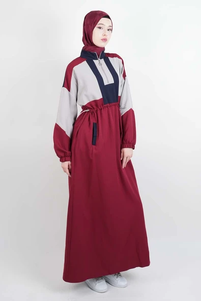 Tesettür Elbise Yarım Fermuarlı Çift Renkli Double Krep Elbise Bordo - 3