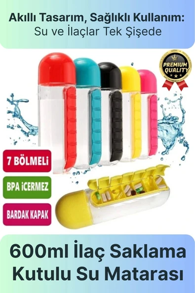 Özel Üretim Pillbox Suluk Organizer %100 BPA İçermez 7 Gün Hap İlaç Saklama Kutulu 600ml Su Matarası - 1