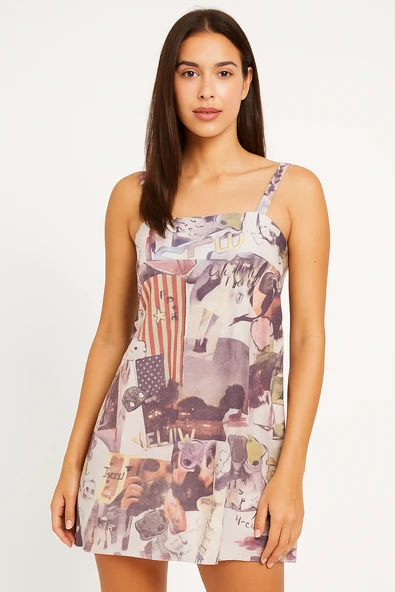 Sarı Gri Yazlık Mini Boy Elbise