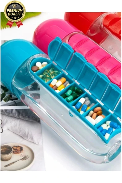 Özel Üretim Pillbox Suluk Organizer %100 BPA İçermez 7 Gün Hap İlaç Saklama Kutulu 600ml Su Matarası - 3