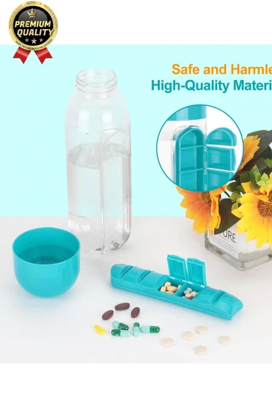 Özel Üretim Pillbox Suluk Organizer %100 BPA İçermez 7 Gün Hap İlaç Saklama Kutulu 600ml Su Matarası - 4