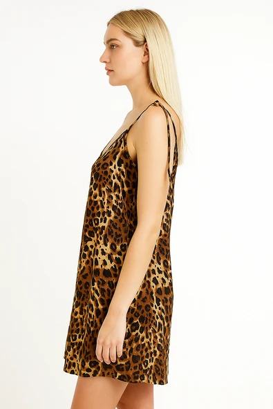 Sarı Gri Yazlık Mini Leopar Elbise - 2