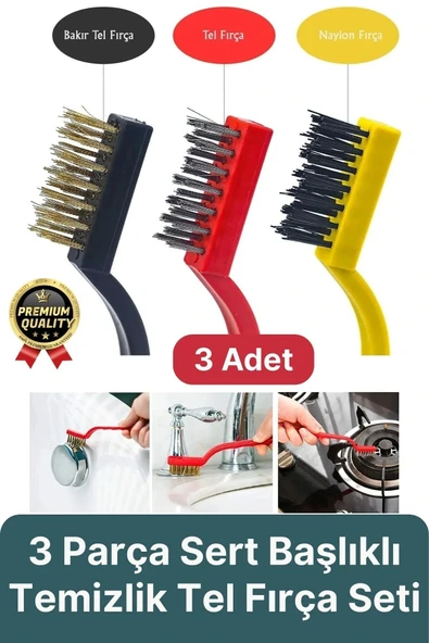 Çok Amaçlı Bakır Naylon Yağ Çıkarma Aspiratör Ocak Lavabo Fırın Detaylı Temizlik Tel Fırça 3 Parça - 1
