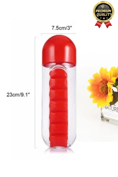 Özel Üretim Pillbox Suluk Organizer %100 BPA İçermez 7 Gün Hap İlaç Saklama Kutulu 600ml Su Matarası - 5