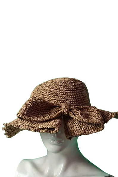 Kağıt İp El Örgüsü,Yazlık Şapka (Bej, Koyu)