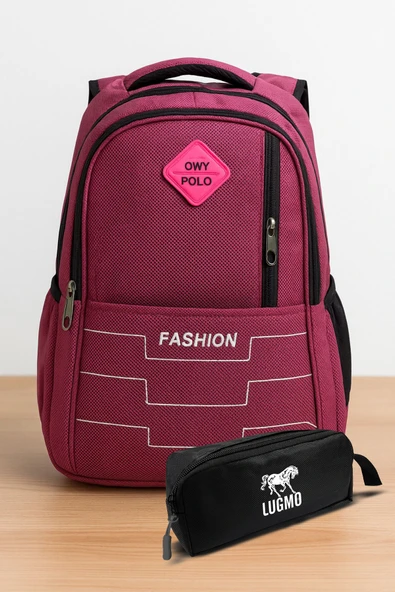 Okul Çantası 5 Cepli + Kalemlik Su Geçirmez Lise Ortaokul Çantası Pembe ürün görseli