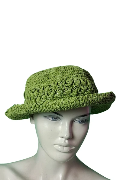 Kağıt İp El Örgüsü,Yazlık Şapka(Yeşil)