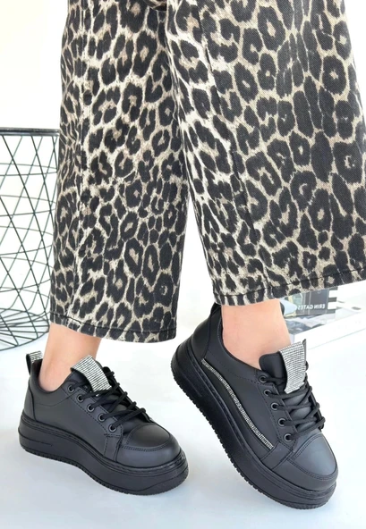 Leope Siyah Cilt Bağcıklı Spor Ayakkabı - 2