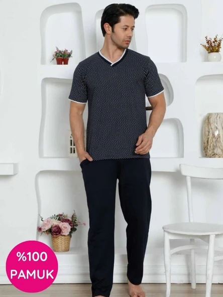 Erkek Desenli V Yaka Düğmesiz %100 Pamuk Kısa Kol Cepli Pijama Takımı - 4