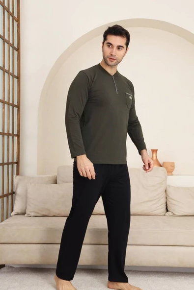 Erkek Bisiklet Yaka 3 Düğmeli Göğüs Cepli Pamuk Likra Mevsimlik Uzun Kol Pijama Takımı - 12