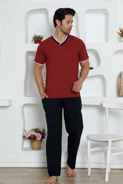 Erkek Desenli V Yaka Düğmesiz %100 Pamuk Kısa Kol Cepli Pijama Takımı - 11