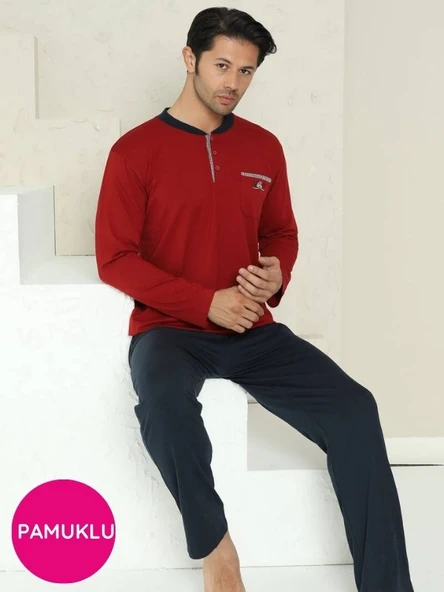 Erkek Bisiklet Yaka 3 Düğmeli Göğüs Cepli Pamuk Likra Mevsimlik Uzun Kol Pijama Takımı - 5