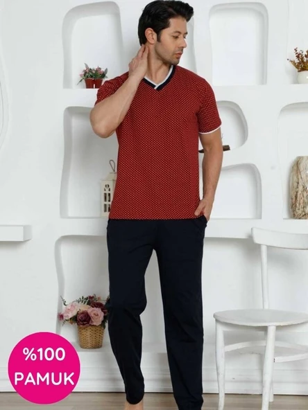 Erkek Desenli V Yaka Düğmesiz %100 Pamuk Kısa Kol Cepli Pijama Takımı - 5
