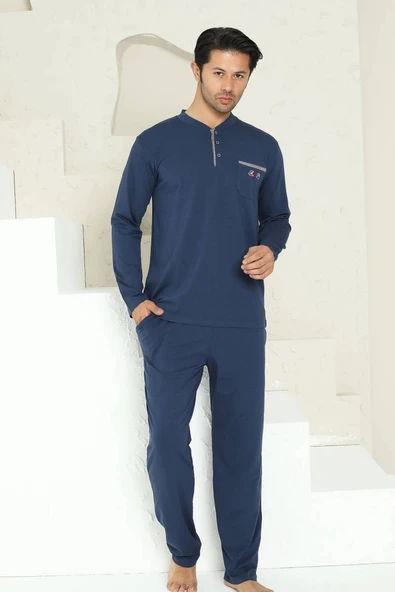 Erkek Bisiklet Yaka 3 Düğmeli Göğüs Cepli Pamuk Likra Mevsimlik Uzun Kol Pijama Takımı - 3