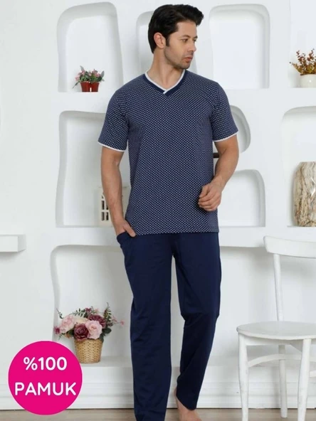 Erkek Desenli V Yaka Düğmesiz %100 Pamuk Kısa Kol Cepli Pijama Takımı - 6