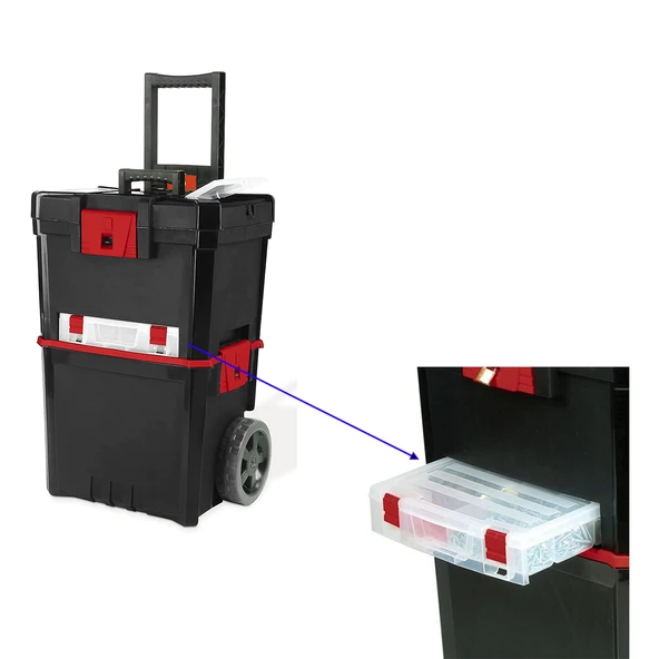 Tekerlekli Takım Çantası Plastik Organizer Bölmeli Kapaklı 2 Katlı İkili Takım Sandığı Monoblok - Resim 4