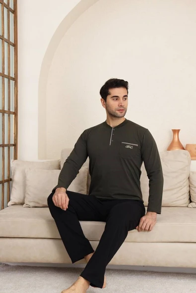 Erkek Bisiklet Yaka 3 Düğmeli Göğüs Cepli Pamuk Likra Mevsimlik Uzun Kol Pijama Takımı - 10