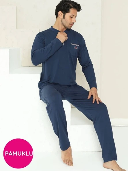 Erkek Bisiklet Yaka 3 Düğmeli Göğüs Cepli Pamuk Likra Mevsimlik Uzun Kol Pijama Takımı