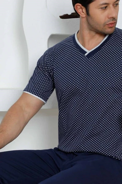 Erkek Desenli V Yaka Düğmesiz %100 Pamuk Kısa Kol Cepli Pijama Takımı - 3