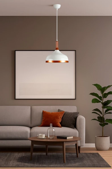 LEGACY  Cosmos Beyaz Içi Bakır Özel Tasarım Modern Dekoratif Cafe Mutfak Salon Sarkıt Tekli Avize (AMPULSÜZ) - Resim 3