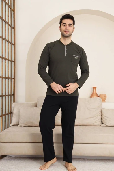 Erkek Bisiklet Yaka 3 Düğmeli Göğüs Cepli Pamuk Likra Mevsimlik Uzun Kol Pijama Takımı - 11