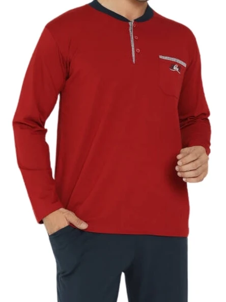 Erkek Bisiklet Yaka 3 Düğmeli Göğüs Cepli Pamuk Likra Mevsimlik Uzun Kol Pijama Takımı - 6