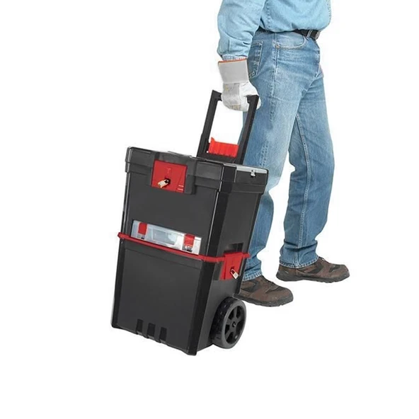 Tekerlekli Takım Çantası Plastik Organizer Bölmeli Kapaklı 2 Katlı İkili Takım Sandığı Monoblok - Resim 2