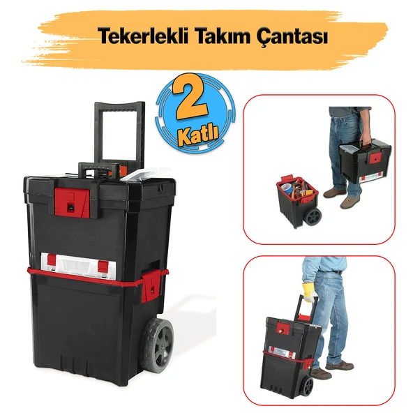 Tekerlekli Takım Çantası Plastik Organizer Bölmeli Kapaklı 2 Katlı İkili Takım Sandığı Monoblok ürün görseli