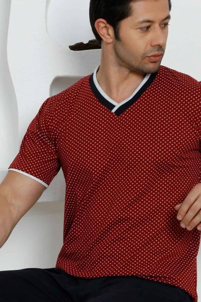 Erkek Desenli V Yaka Düğmesiz %100 Pamuk Kısa Kol Cepli Pijama Takımı - 2