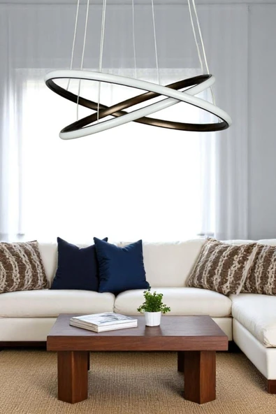 LEGACY  Rings 2'Li Modern Tasarım Kahverengi - Yatak Odası - Salon - Çocuk Odası - Mutfak Beyaz Ledli Avize - Resim 3