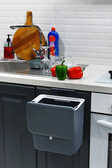 İronika 15 Lt Çift Yöne Açılabilen Kapaklı Dolap Askılı ve Tezgah Üstü Mutfak Banyo Lavabo Çöp Kovası -Gri - 4