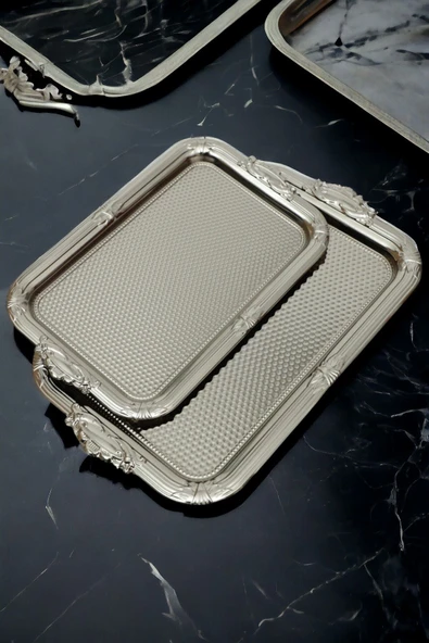 İronika 2'li Kararmaz Dekoratif Dikdörtgen Gümüş Kahve Çay Tepsisi Sunum Tepsisi ürün görseli